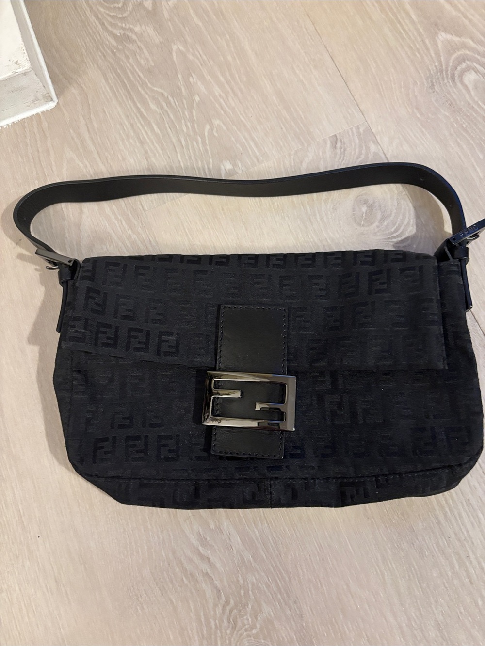 Fendi Black Jacquard FF Logo Shoulder Bag with Silver-Tone Buckle